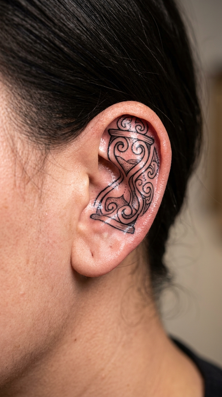 Sanduhr als Maori Tattoo Idee für das Ohr