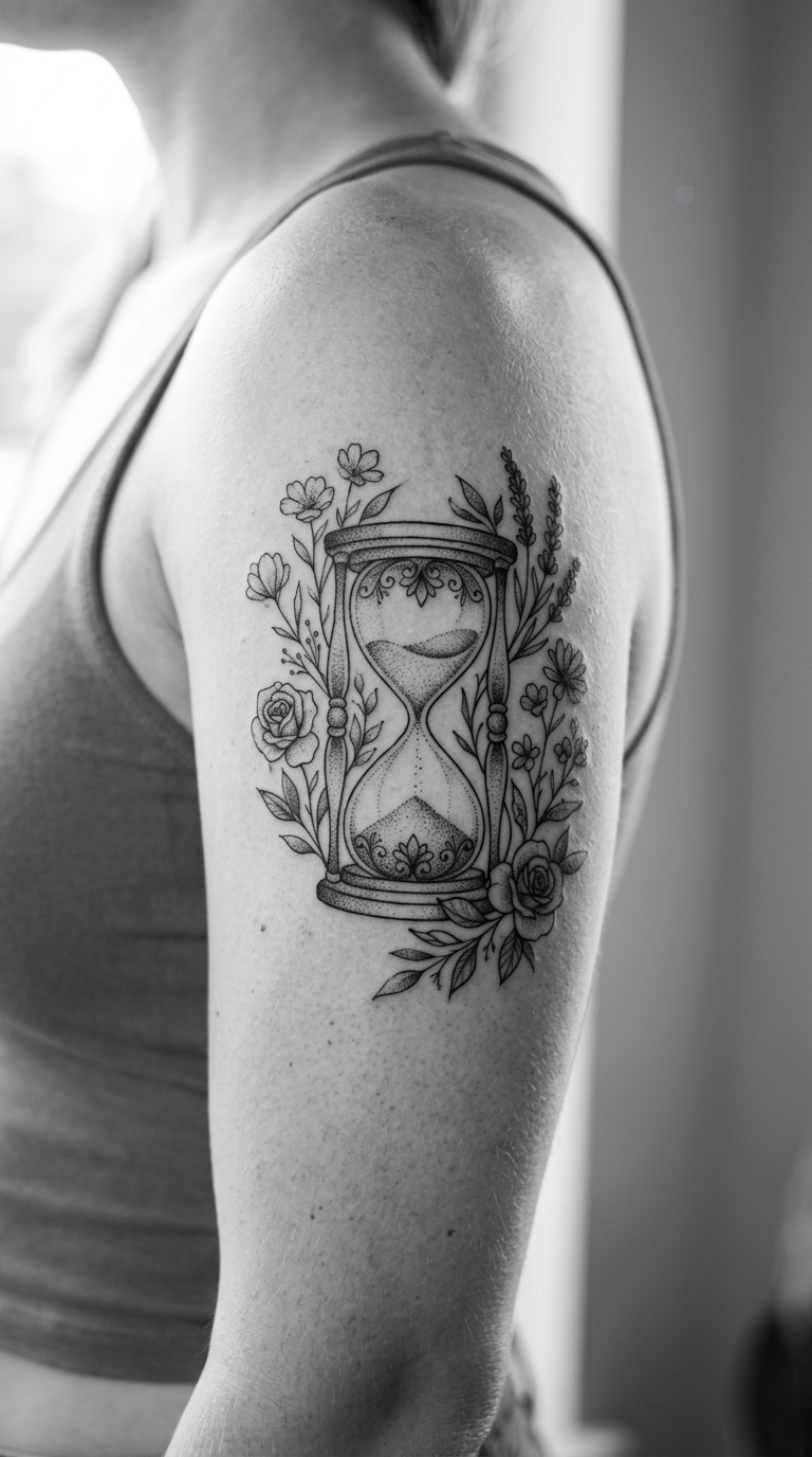 Sanduhr mit Blumen als Dotwork Tattoo Idee für den Oberarm