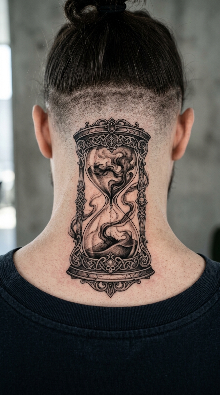 Sanduhr mit fließenden Schatten als mystisches Tattoo für den Nacken