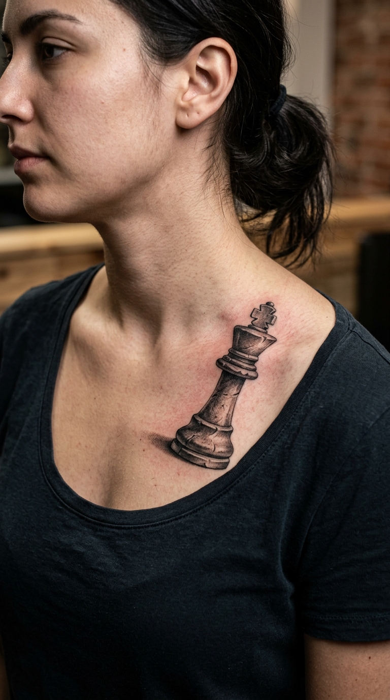 Schachfigur König als 3D Tattoo für das Schlüsselbein