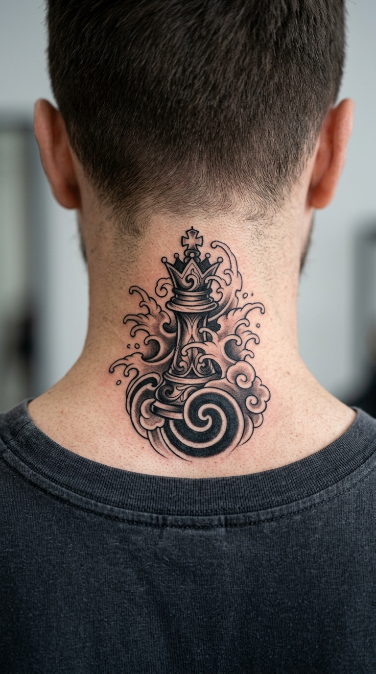 Schachkönig als japanisches Tattoo für den Nacken
