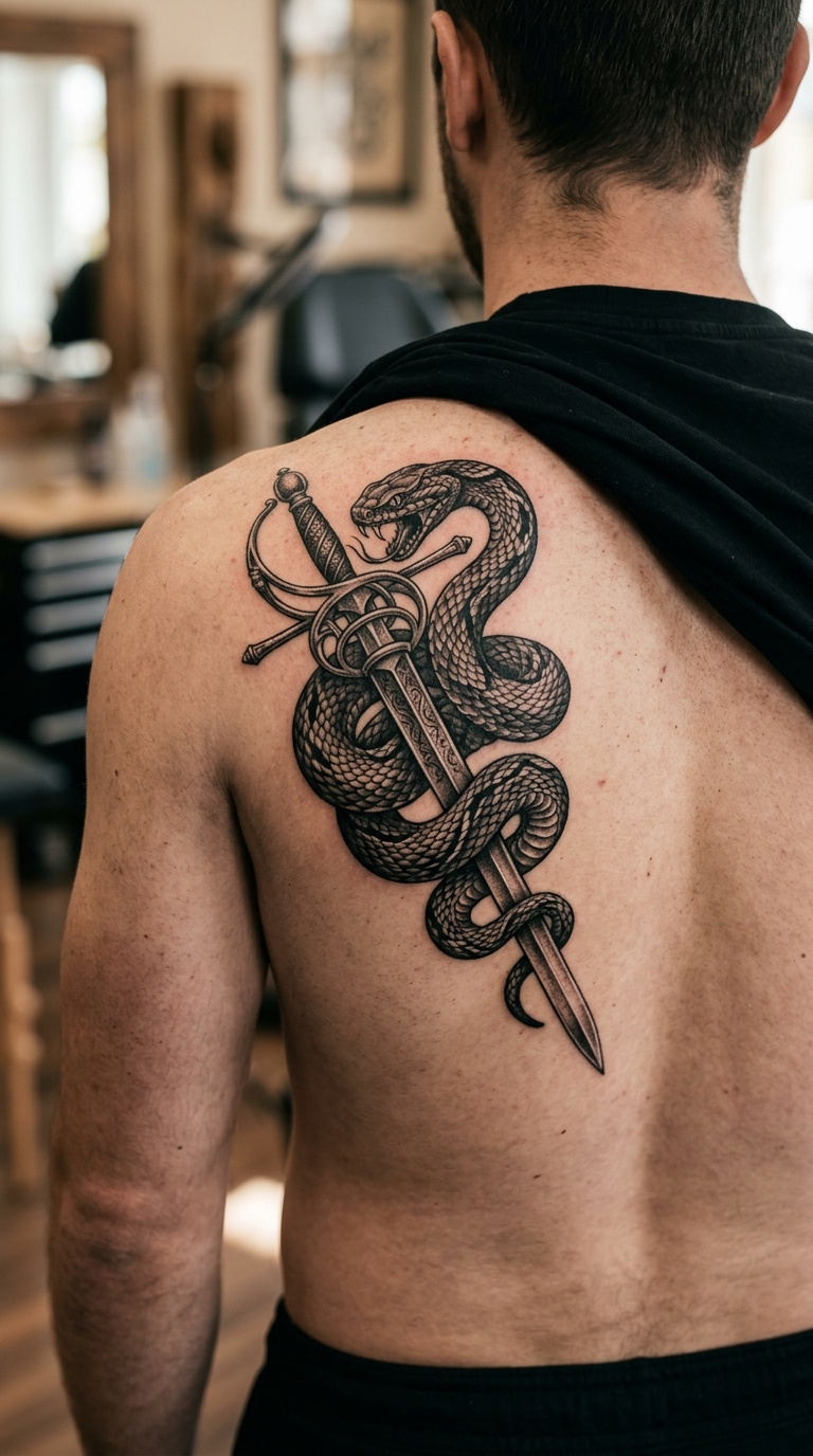 Schlange mit Degen als Realistic Tattoo für den Rücken