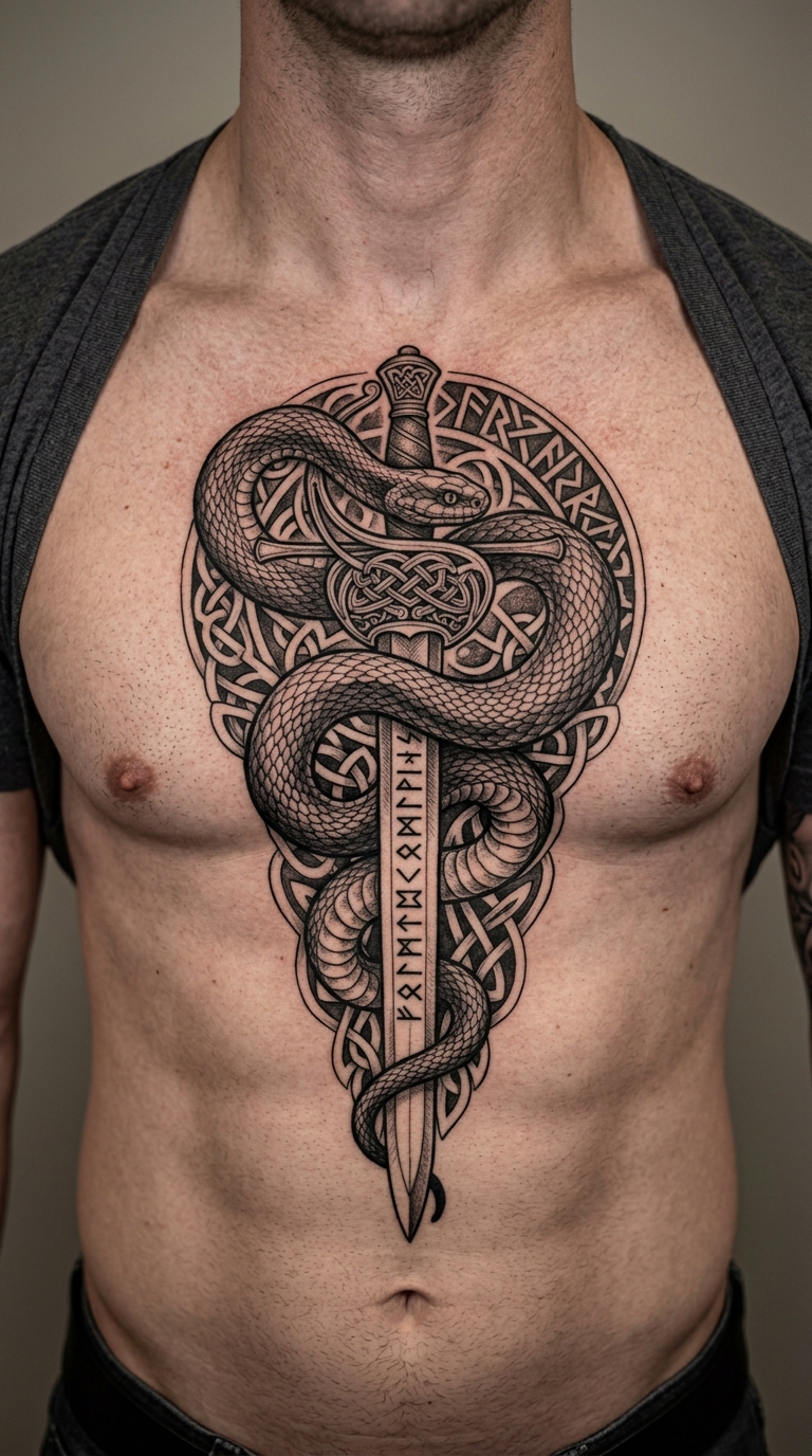 Schlange mit Degen als Wikinger und Celtic Tattoo für Brust & Oberkörper