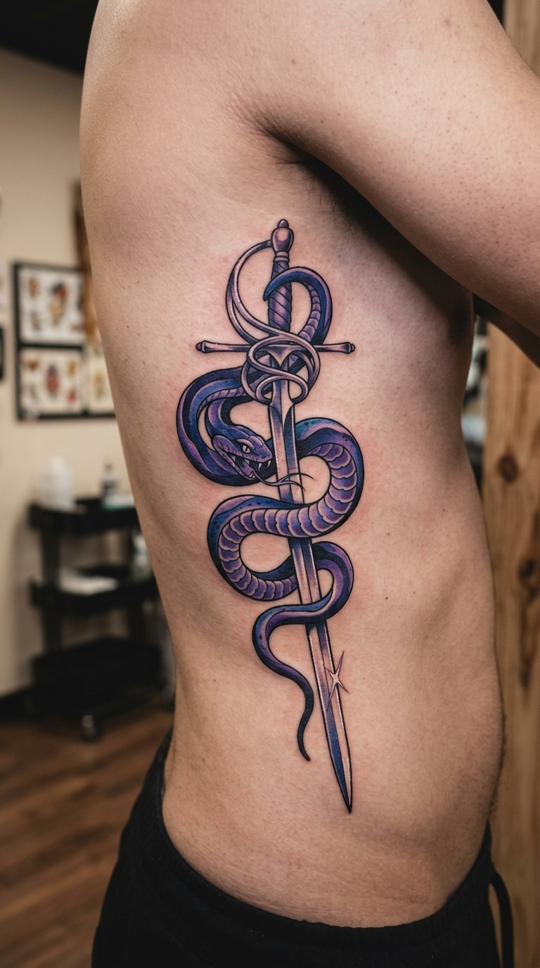 Schlange mit Degen Tattoo Idee für die Rippen