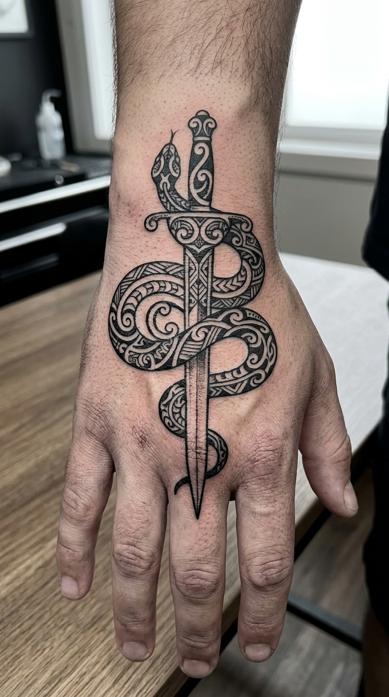 Schlange mit Klinge als Maori Tattoo Vorlage für die Hand
