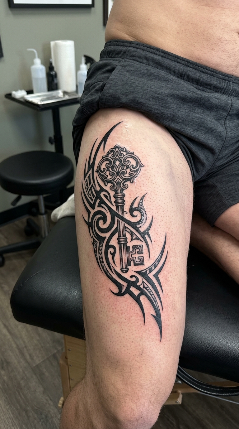 Schlüsselelement als Tribal Tattoo für den Oberschenkel