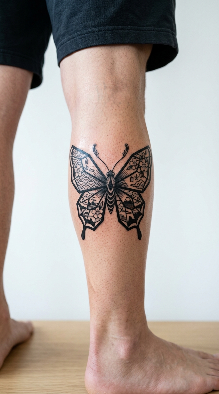 Schmetterling als japanisch angehauchtes Tattoo für das Bein