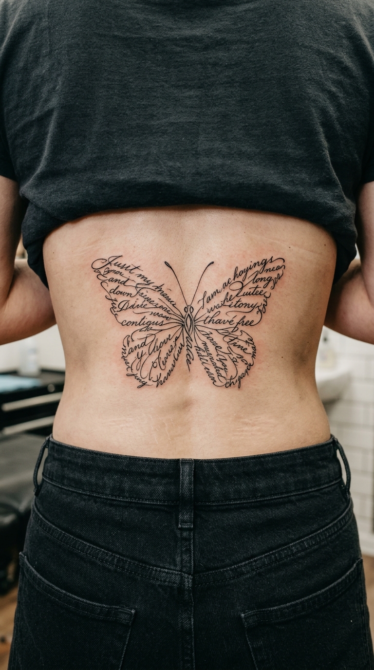 Schmetterling aus Wörtern als Schrift Tattoo für das Steißbein