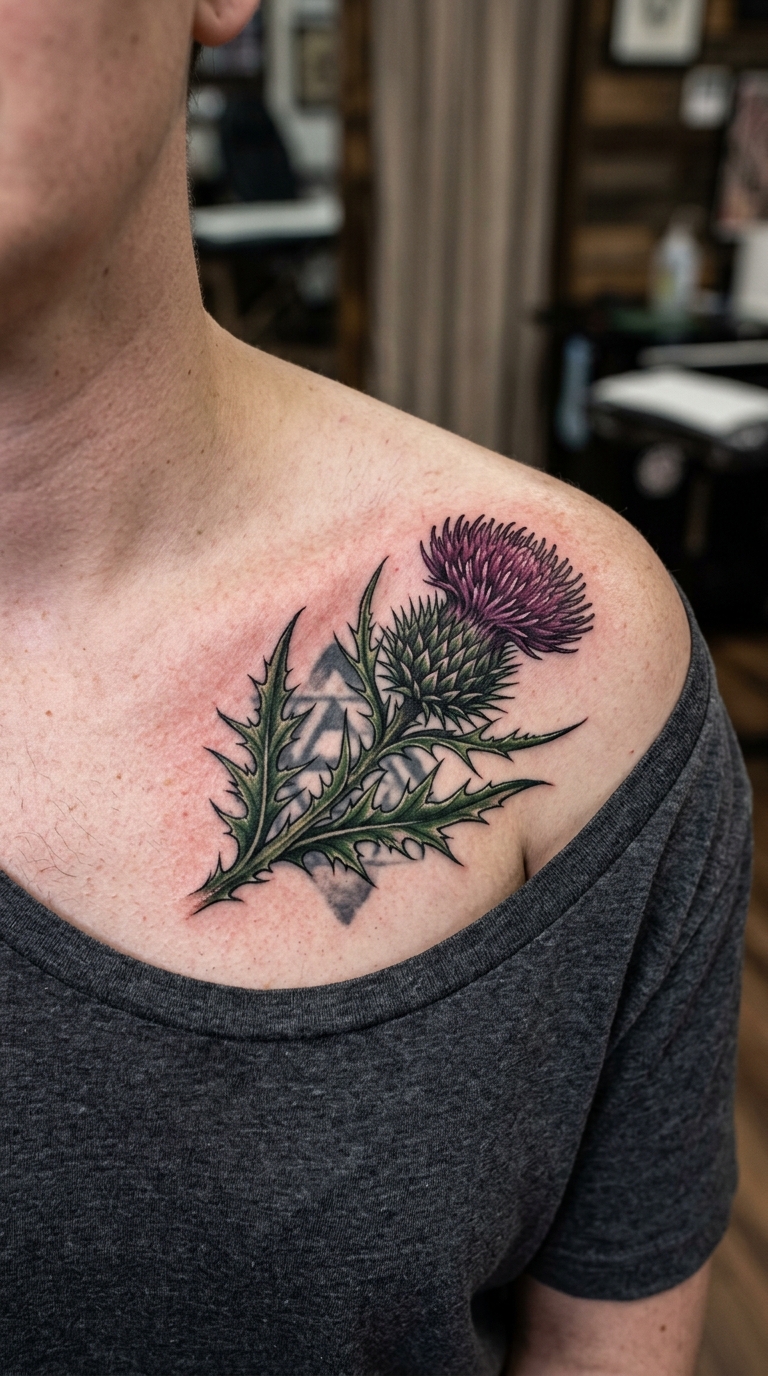 Schottische Distel als Cover up Tattoo für das Schlüsselbein