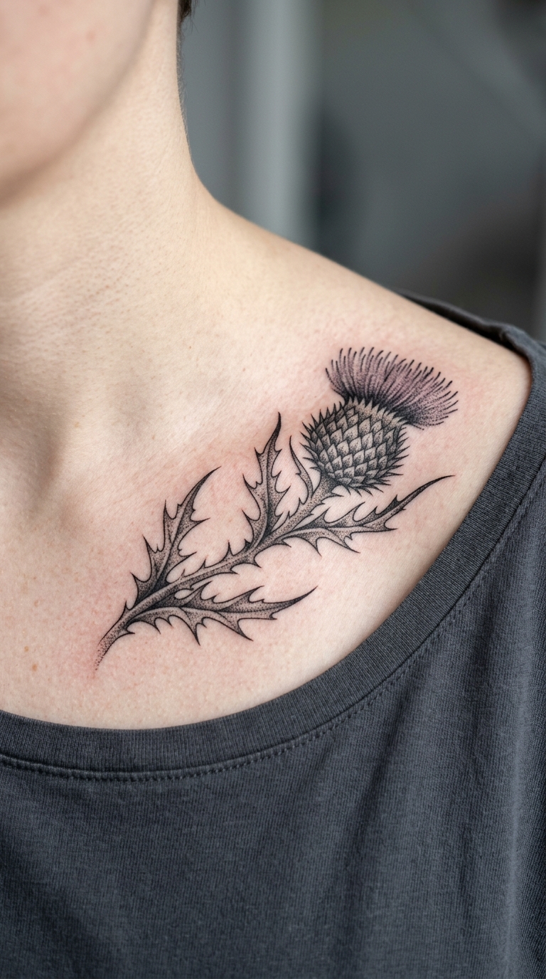 Schottische Distel als Dotwork Tattoo für das Schlüsselbein