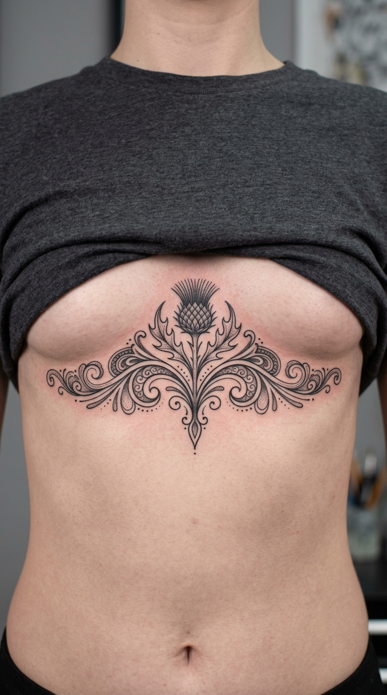 Schottische Distel als Henna Tattoo Idee für den Underboob