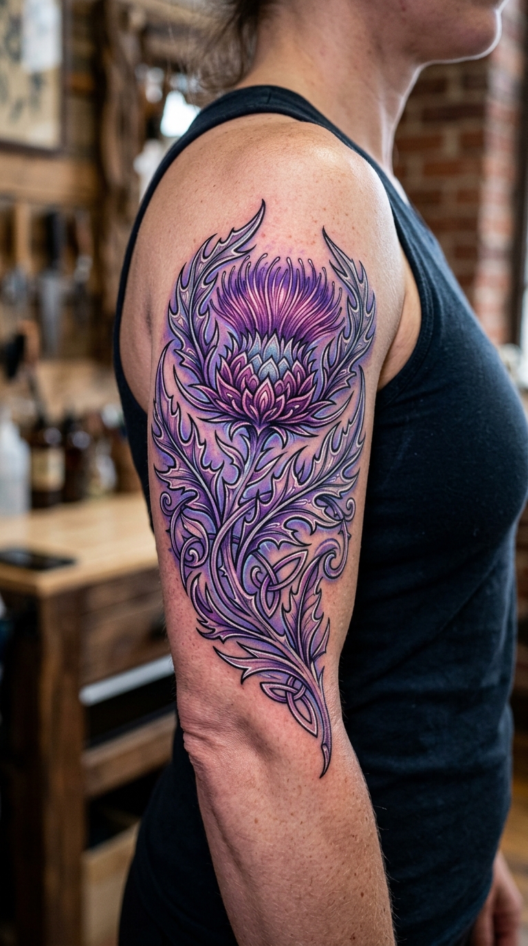 Schottische Distel als mystisches Fantasy Tattoo für den Arm