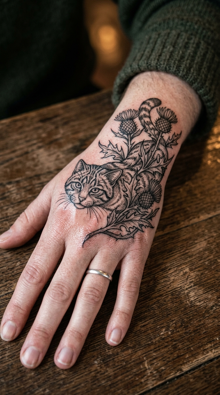 Schottische Wildkatze als florales Tattoo für die Hand