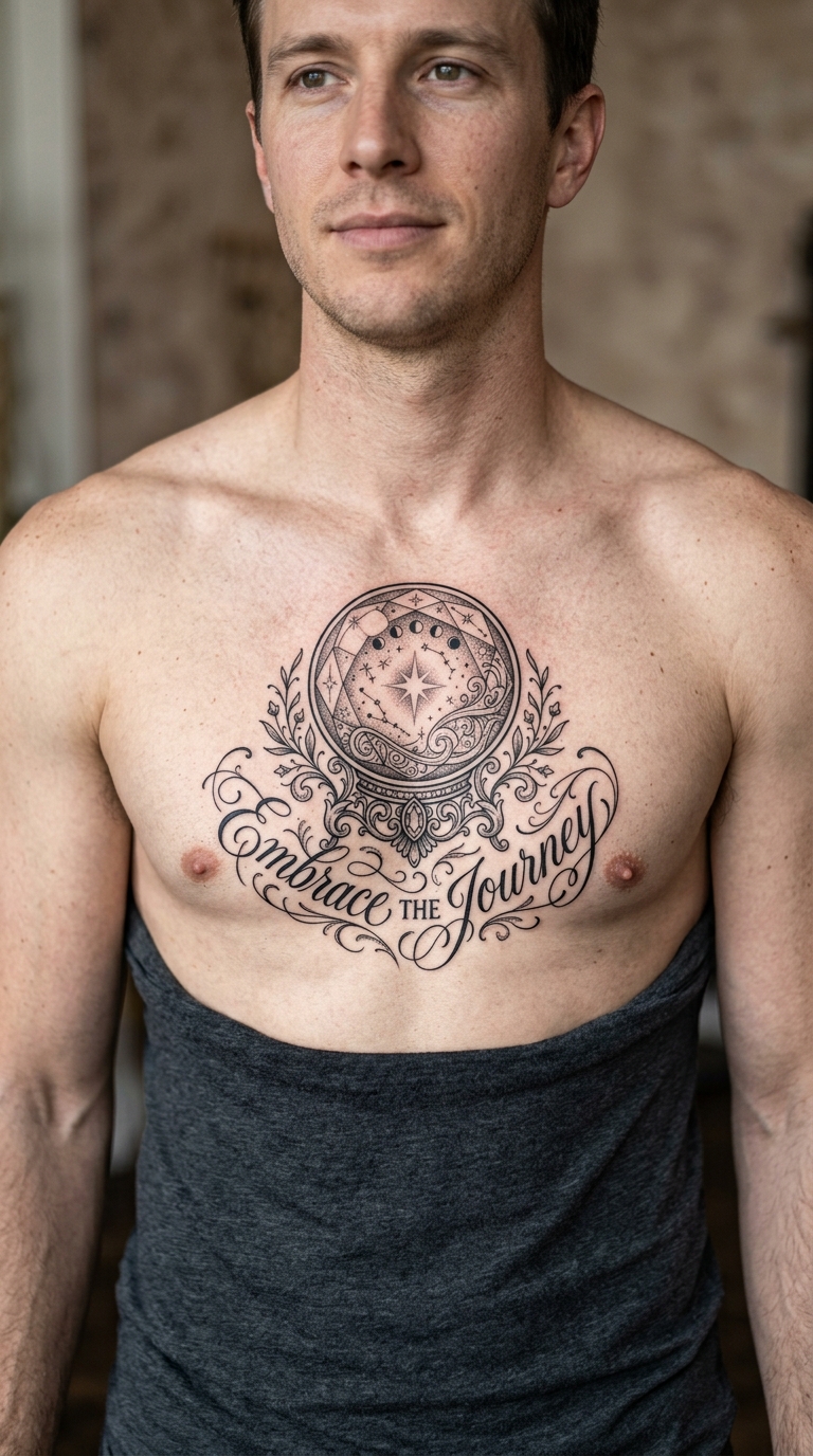 Schriftzug Tattoo mit Motiv Kristallkugel für Brust & Oberkörper