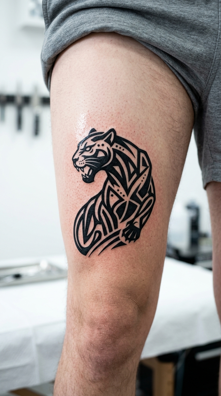 Schwarzer Panther als abstraktes Zeichen Tattoo für den Oberschenkel