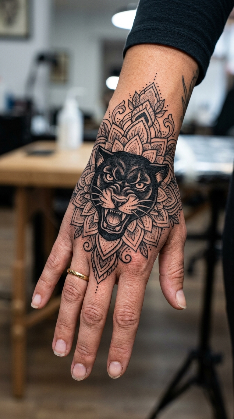 Schwarzer Panther als Mandala Tattoo für die Hand