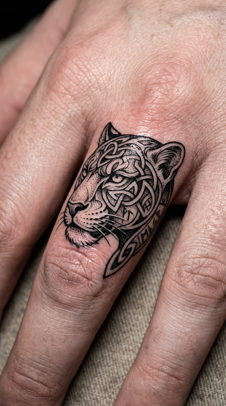 Schwarzer Panther als Wikinger und Celtic Tattoo für den Finger