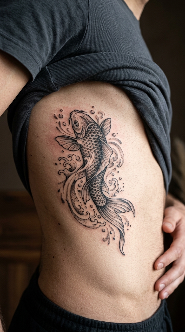 Schwimmender Koi als Dotwork Tattoo auf den Rippen