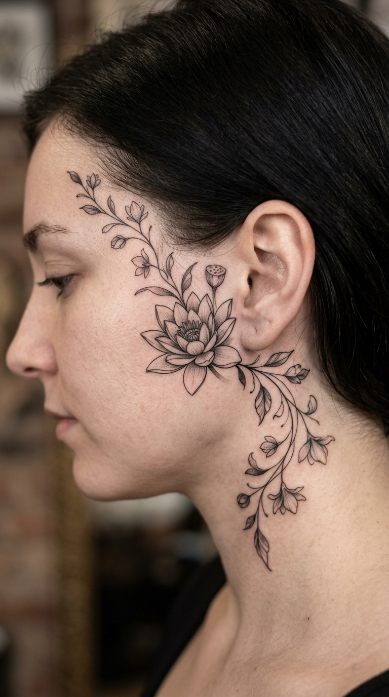 Seerose als elegantes florales Tattoo für den Kopf