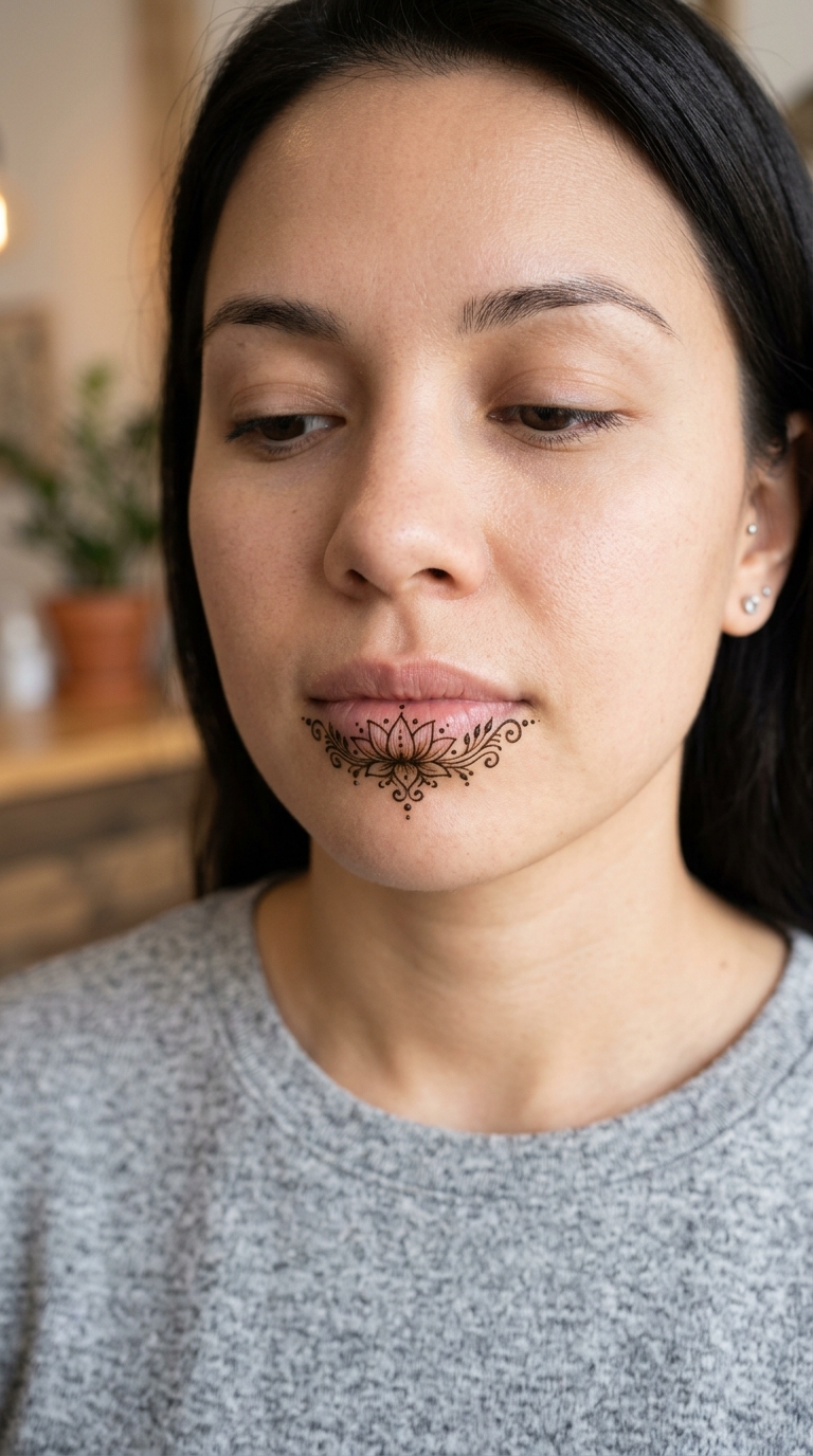 Seerose als filigranes Henna Tattoo für die Unterlippe