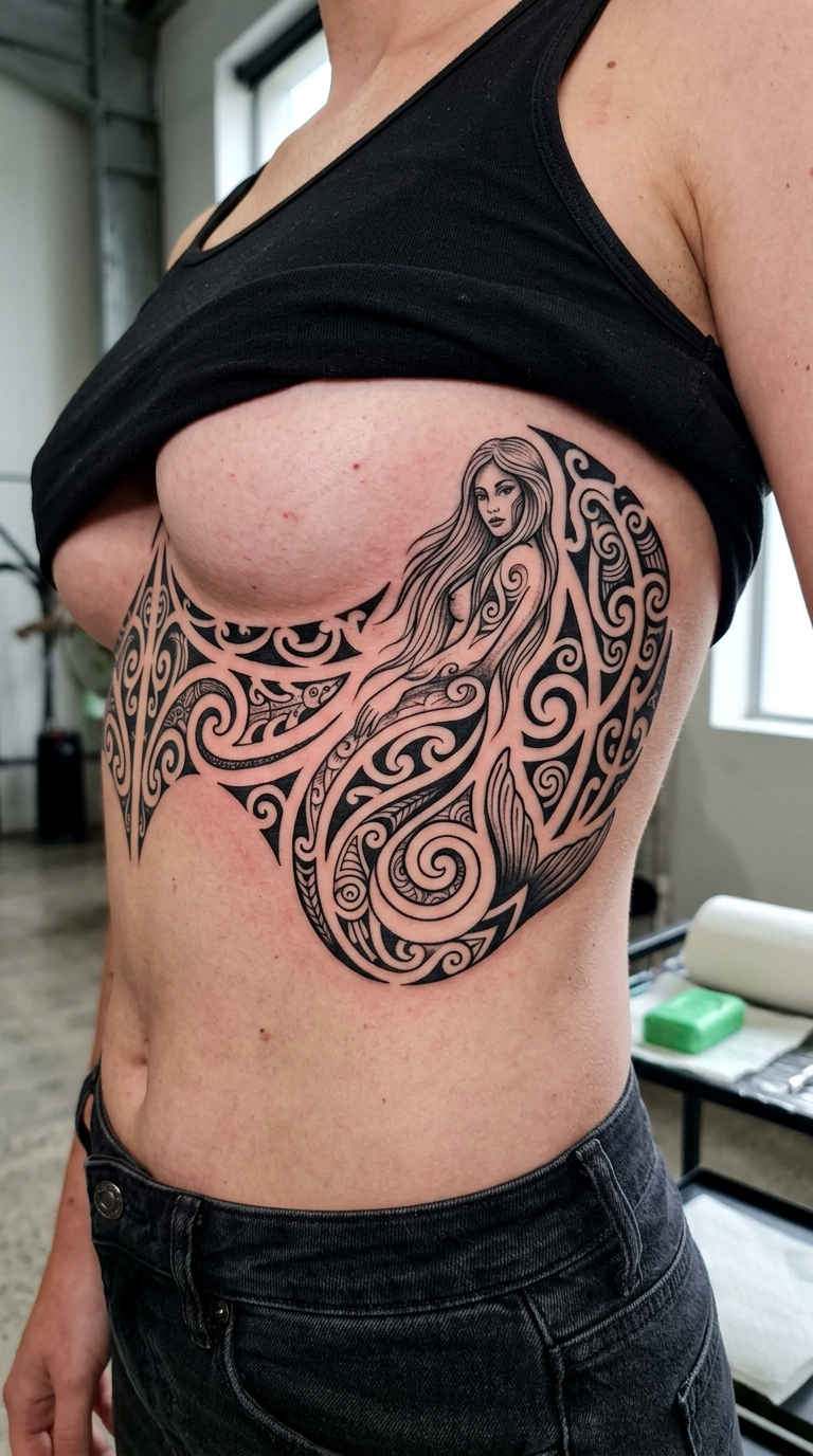 Selkie als Maori Tattoo Idee für den Underboob