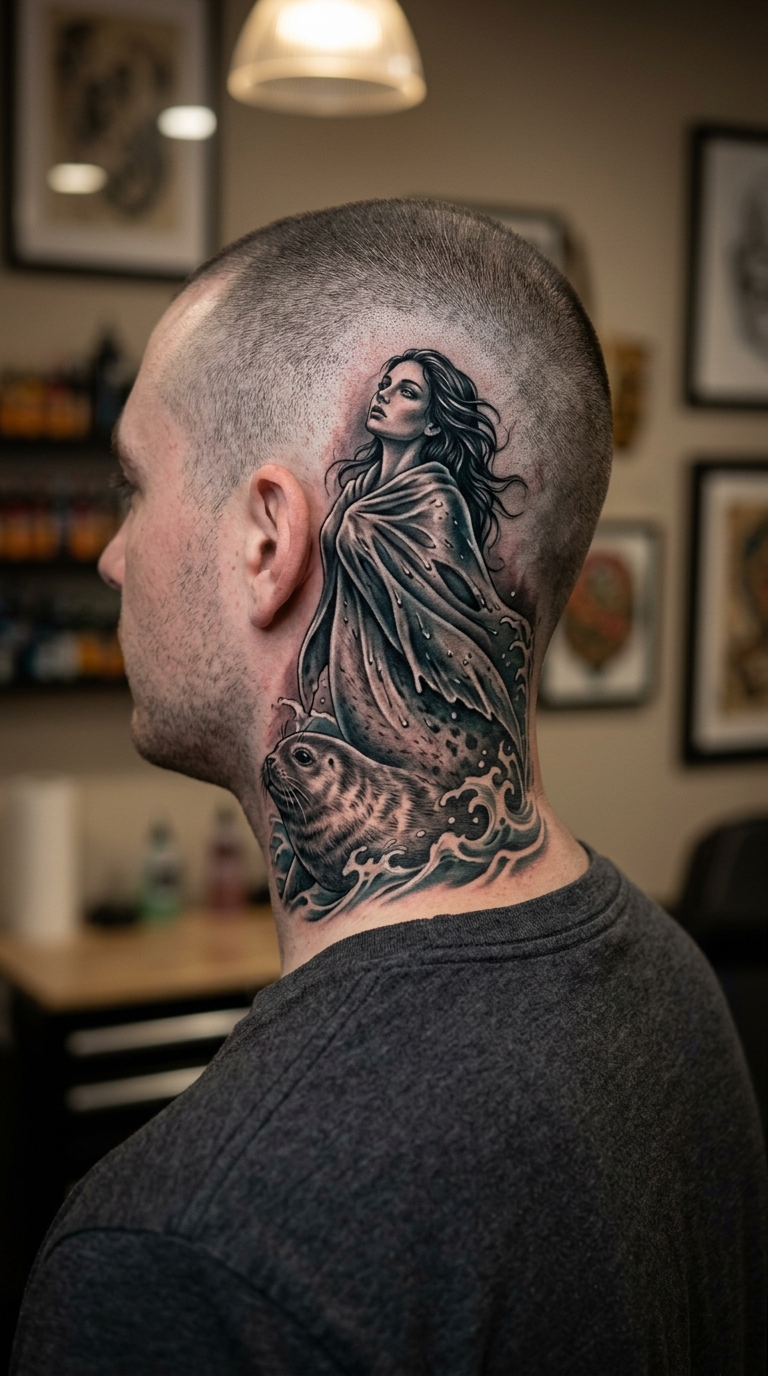 Selkie Figur als 3D Tattoo für den Kopf