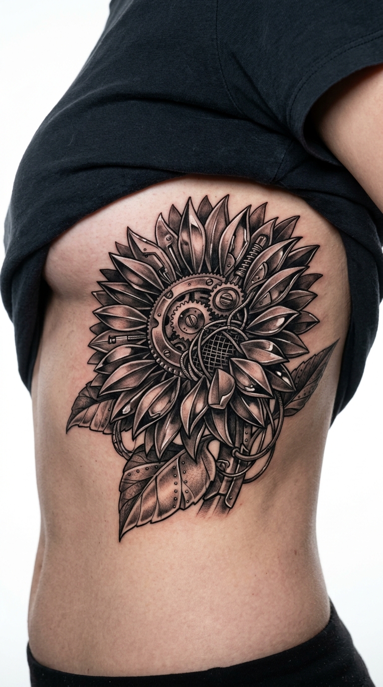 Sonnenblume als biomechanisches Tattoo für den Underboob
