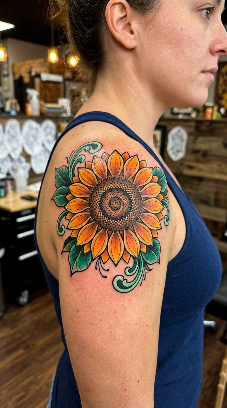 Sonnenblume als farbenfrohes Neo Traditional Tattoo auf der Schulter