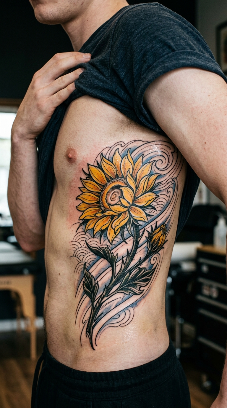 Sonnenblume als japanisches Tattoo für die Rippen