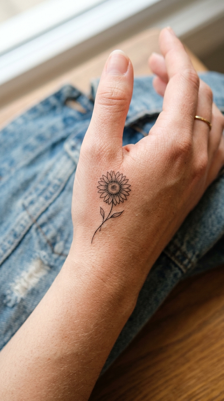 Sonnenblume als minimalistisches Tattoo für die Hand