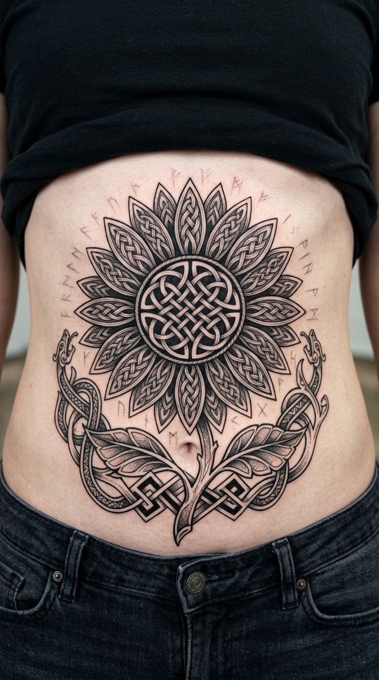 Sonnenblume als Wikinger und Celtic Tattoo für den Bauch