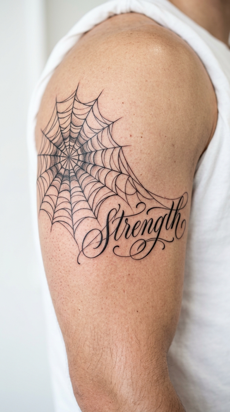 Spinne im Netz als filigranes Schrift Tattoo für den Oberarm