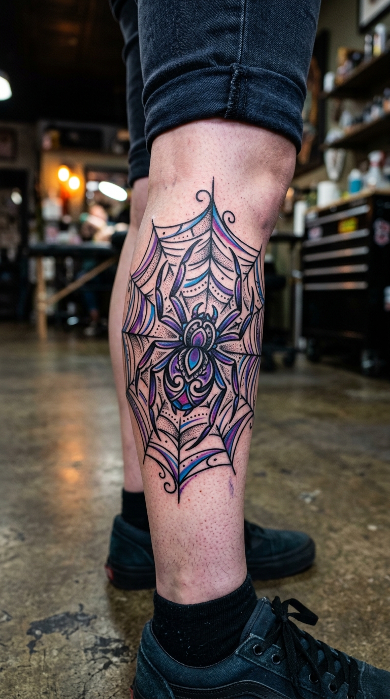 Spinne im Netz als Oldschool und Newschool Tattoo am Bein
