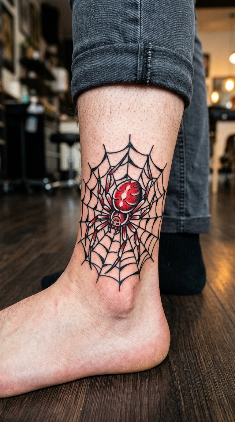 Spinne im Netz als Oldschool und Newschool Tattoo am Knöchel