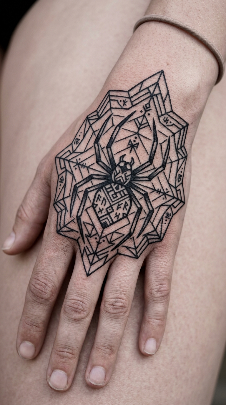 Spinne im Netz als Zeichen und Symbol Tattoo für die Hand
