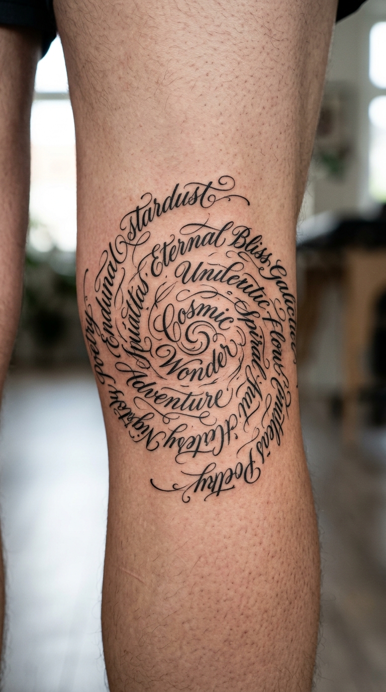 Spiralgalaxie als geschwungene Schrift Tattoo Idee für die Kniekehle