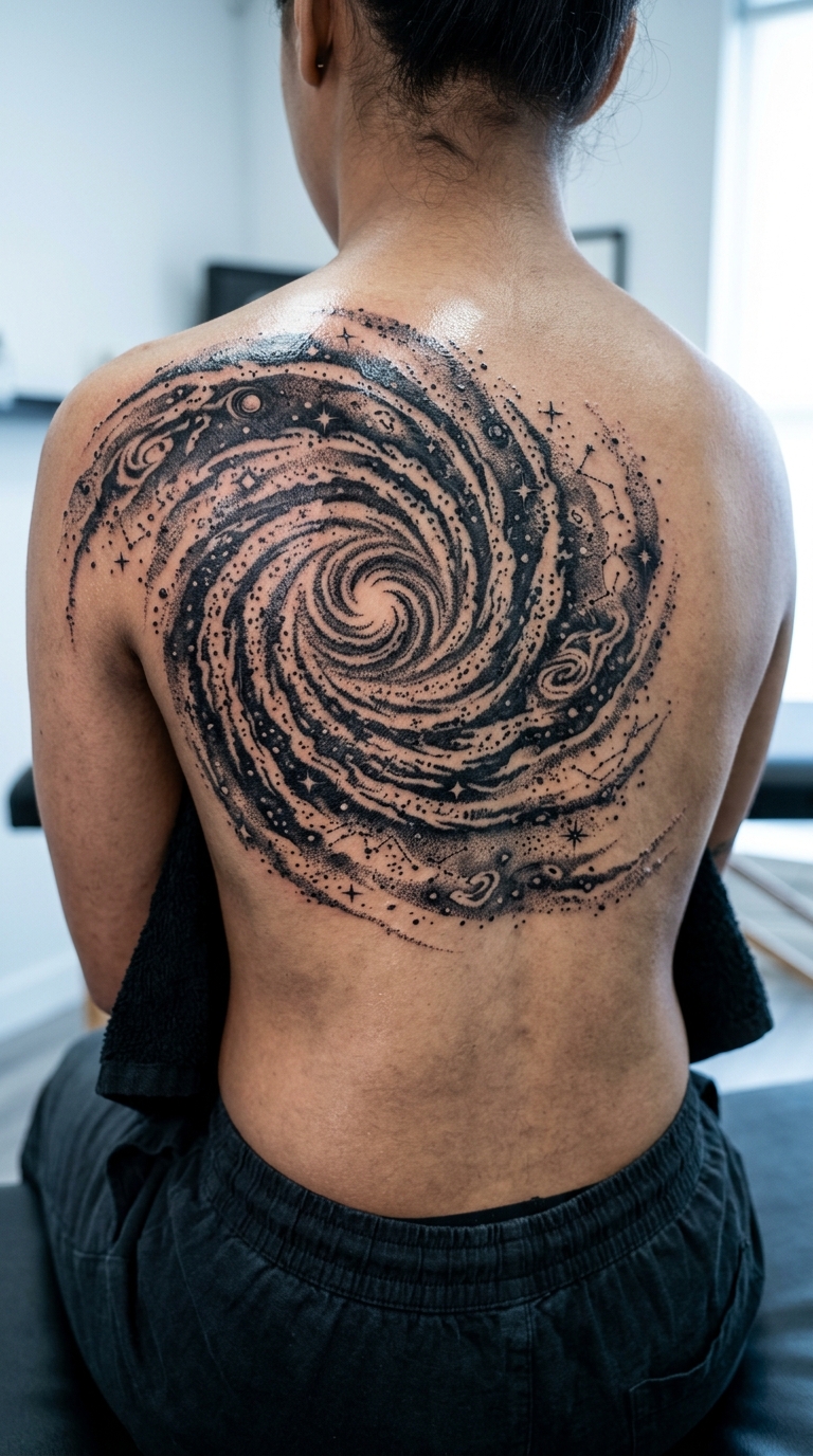 Spiralgalaxie als großflächiges Blackwork Tattoo für den Rücken