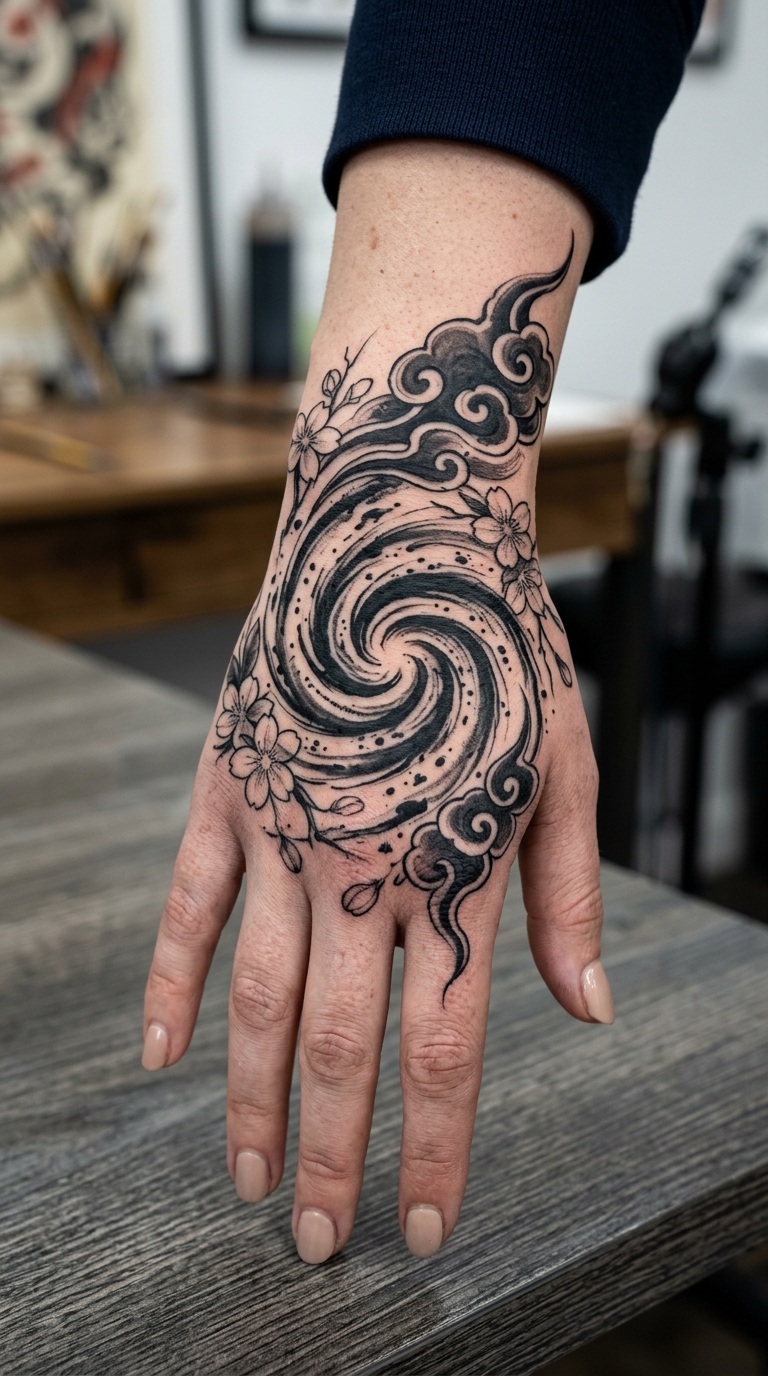 Spiralgalaxie als japanisch inspiriertes Tattoo für die Hand