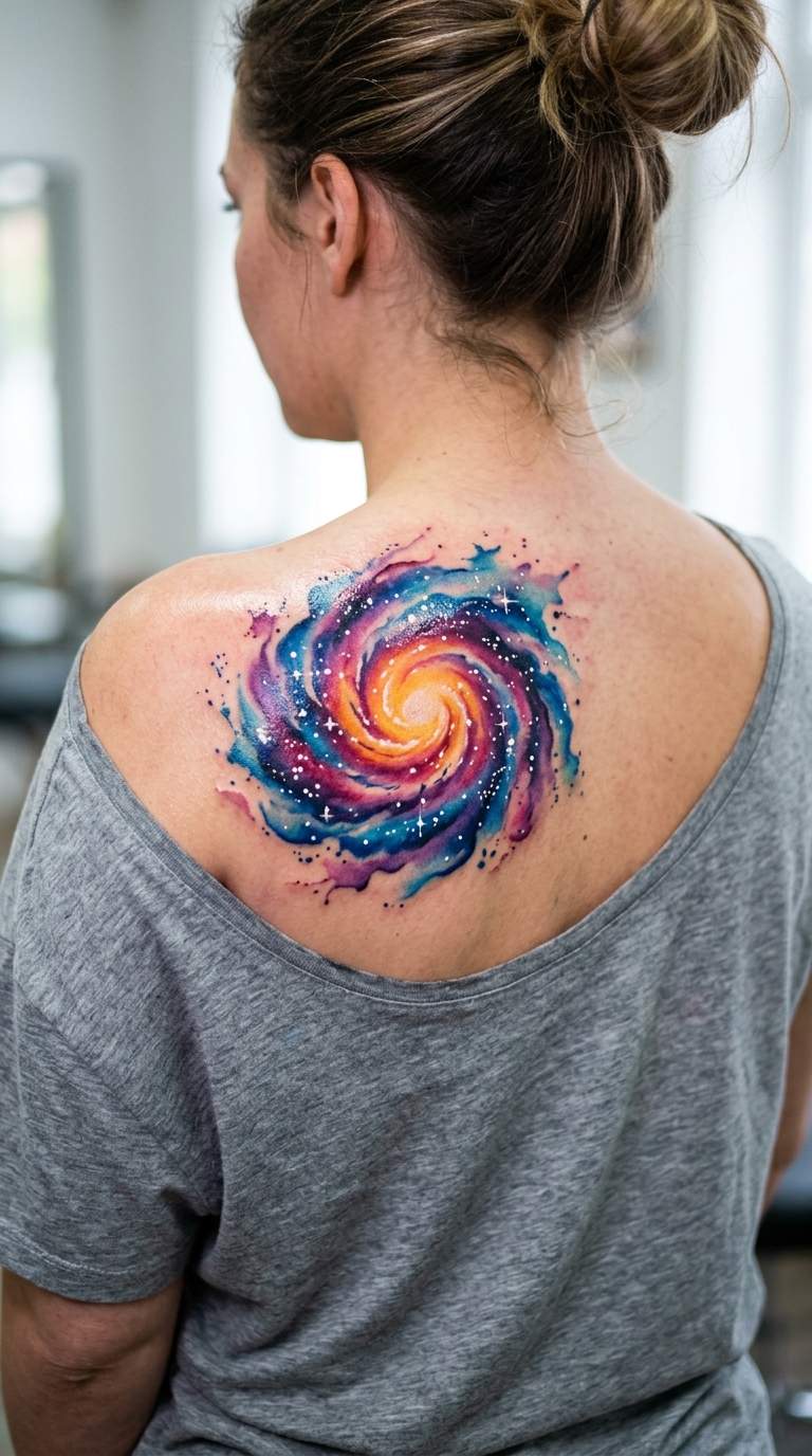 Spiralgalaxie als lebendiges Aquarell Tattoo für den Rücken