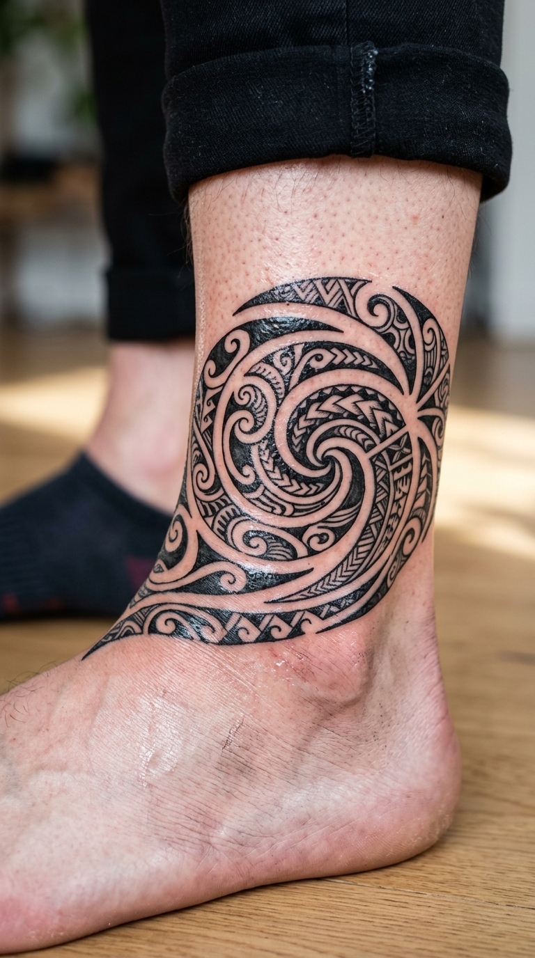 Spiralgalaxie als Maori Tattoo Idee für den Knöchel