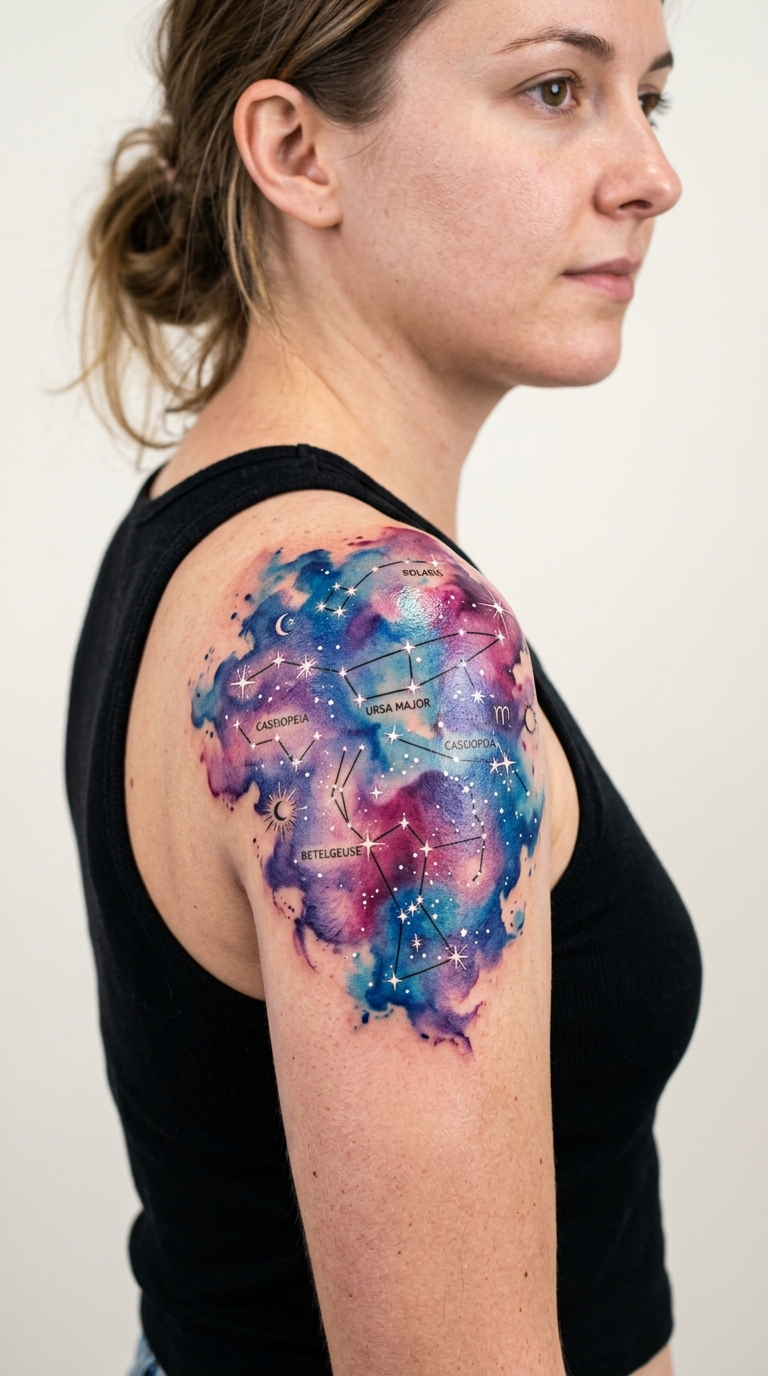 Sternenkarte als Aquarell Tattoo Idee für die Schulter