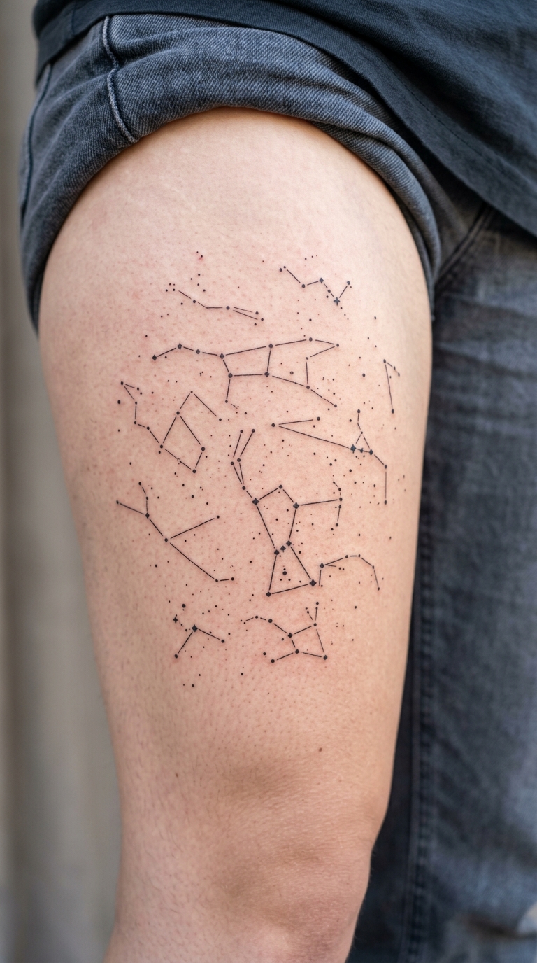 Sternenkarte als feines Fineline Tattoo für den Oberschenkel