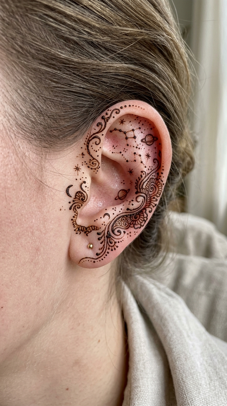 Sternenkarte als Henna Tattoo Vorlage für das Ohr
