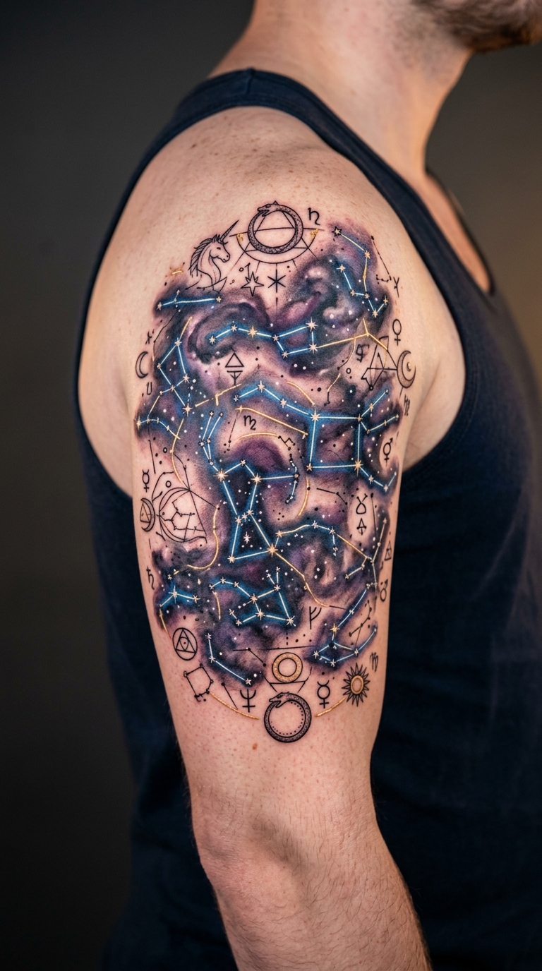 Sternenkarte als mystisches Fantasy Tattoo für den Oberarm