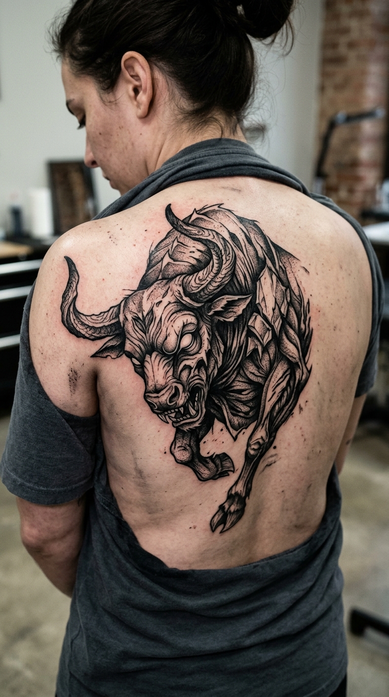 Stier im Zorn als Horror Tattoo für den Rücken