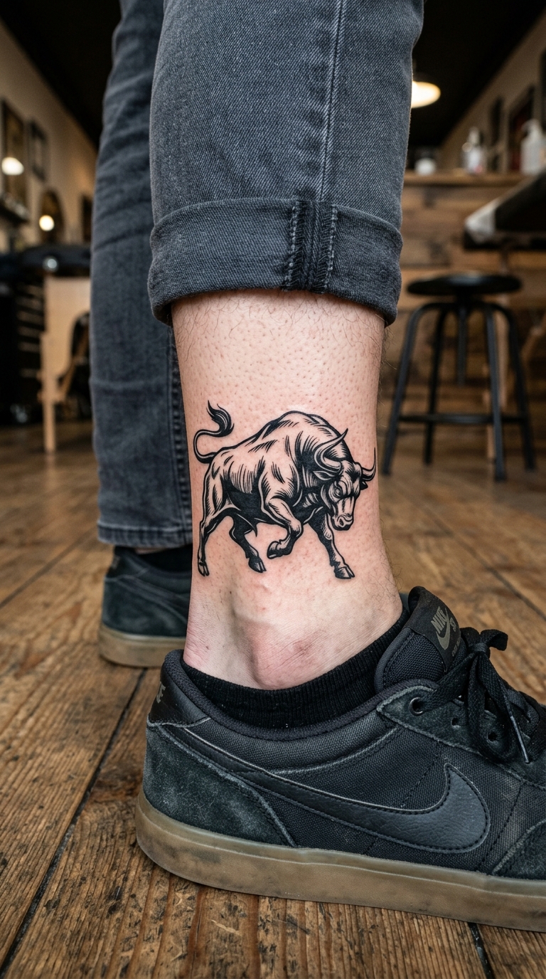 Stier mit gesenktem Kopf als Blackwork Tattoo für den Knöchel