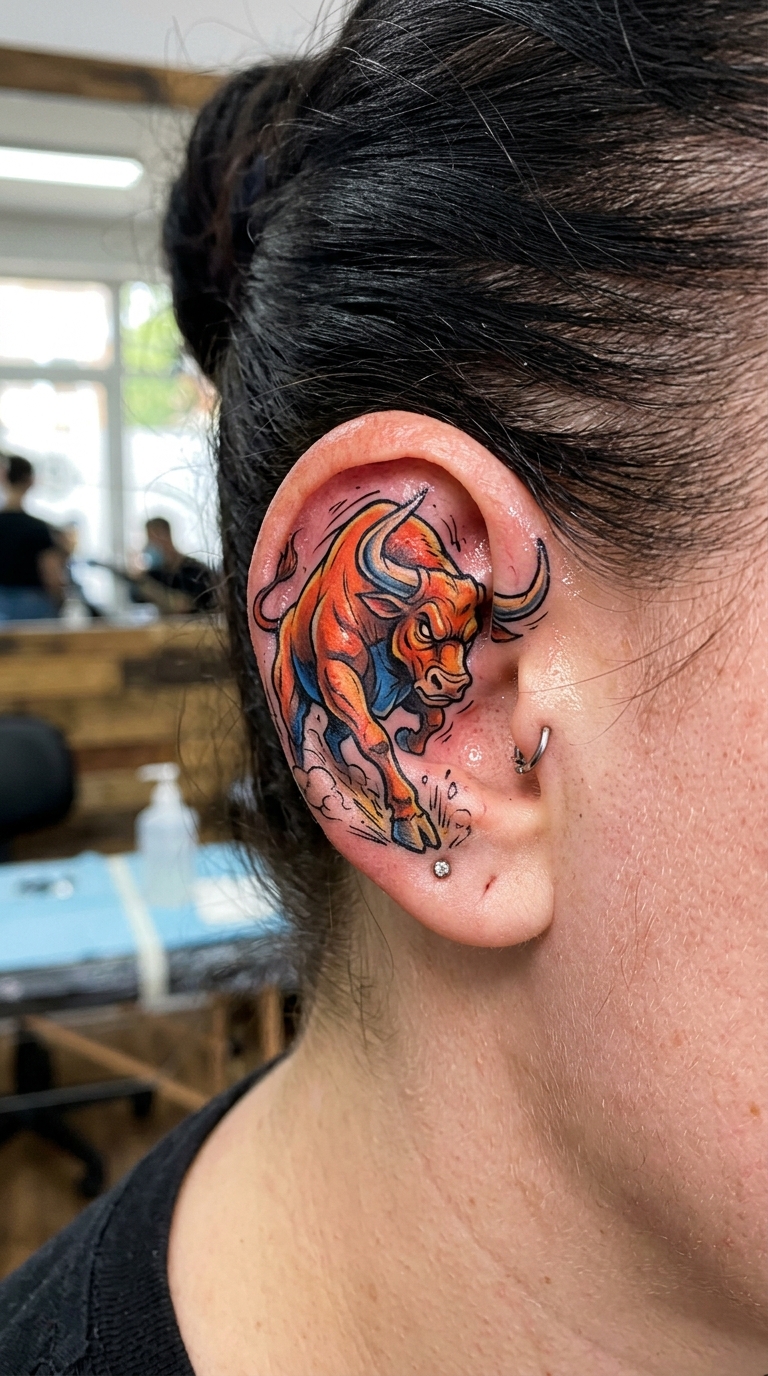 Stier mit gesenktem Kopf als freches Comic Tattoo für das Ohr