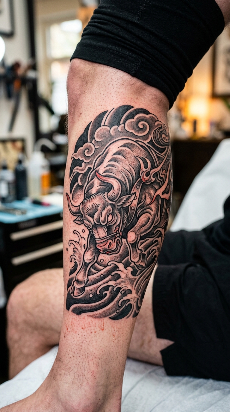 Stier mit gesenktem Kopf als japanisches Tattoo für das Bein