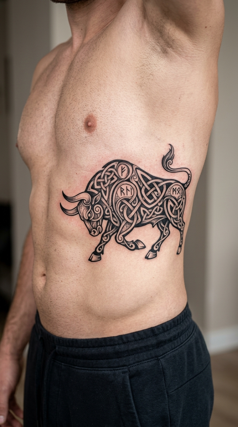 Stier mit Runen als Wikinger und Celtic Tattoo für die Rippen
