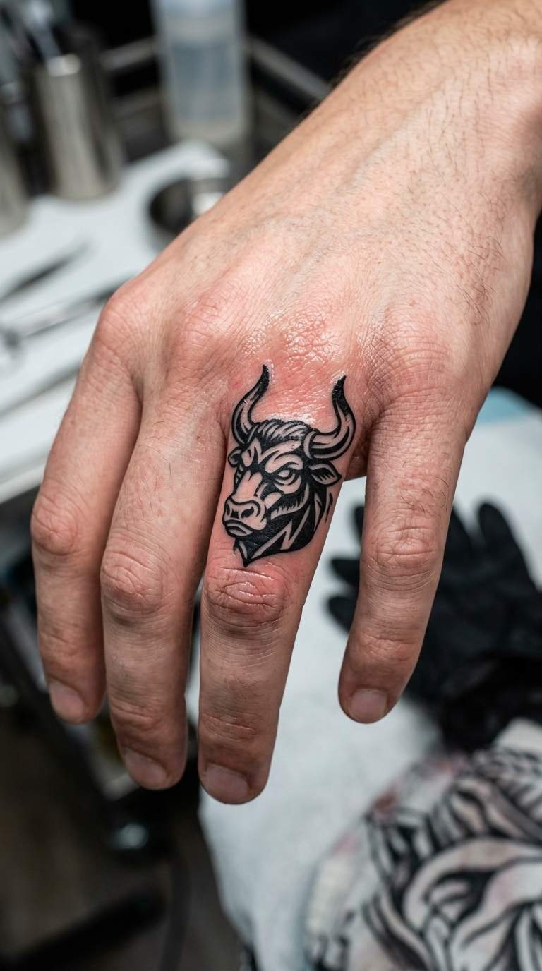 Stilisierter Minotaurus als Blackwork Tattoo für den Finger